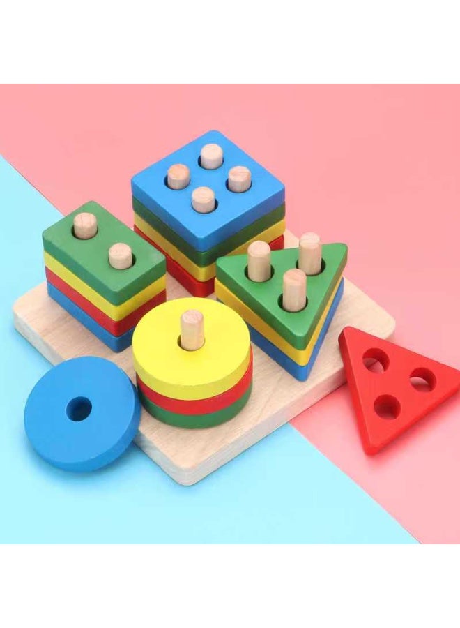 HIFINIT Montessori Wooden Shape Sorter Stacking Toy – Educational Peg Puzzle for Kids (4 Shapes, Colorful) - Image 2